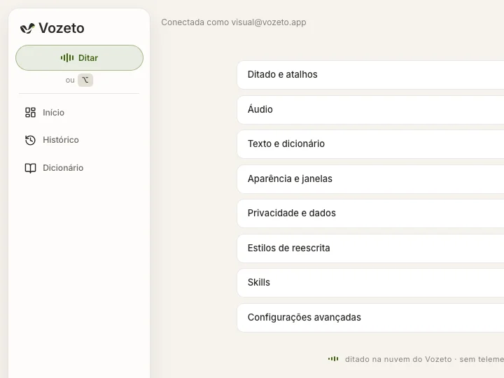 Tela de configurações do Vozeto com a seção Ditado e atalhos